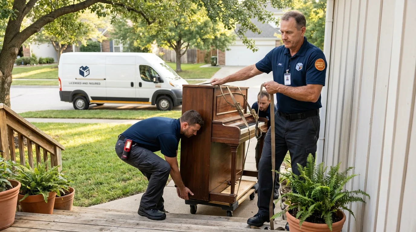 Licensed piano movers securing grand piano in Carriere, MS