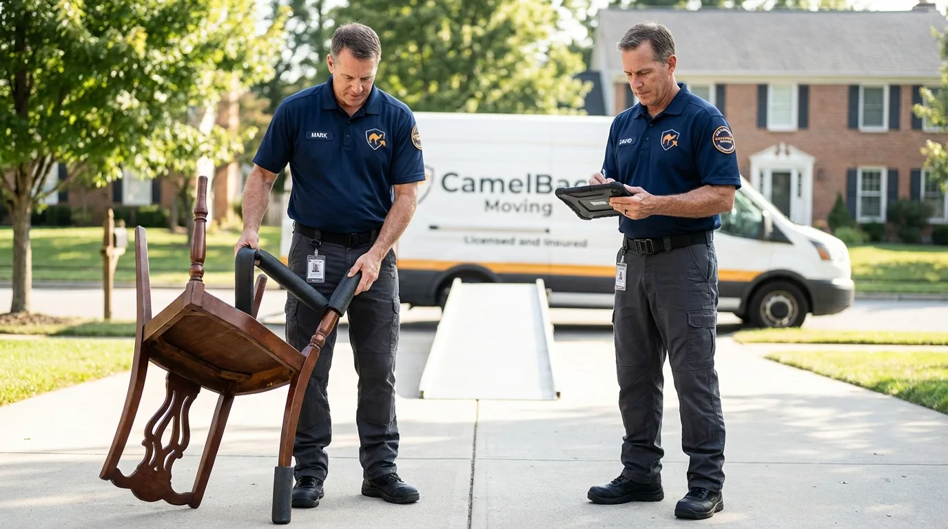 Movers inspecting furniture for damage prevention before loading in Carriere, MS