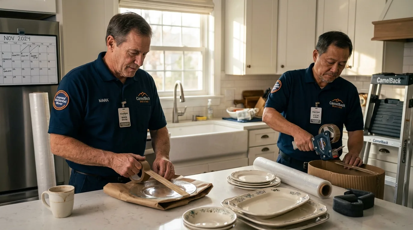 Professional crew packing kitchen dishware in Carriere, MS
